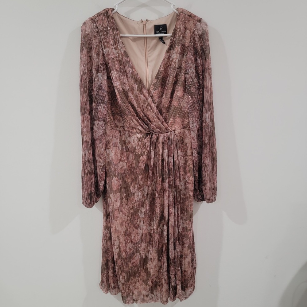 Adrianna Papell Womens Midi Faux Wrap Dress Size 8 Glitter Sparkle Luxury Floral